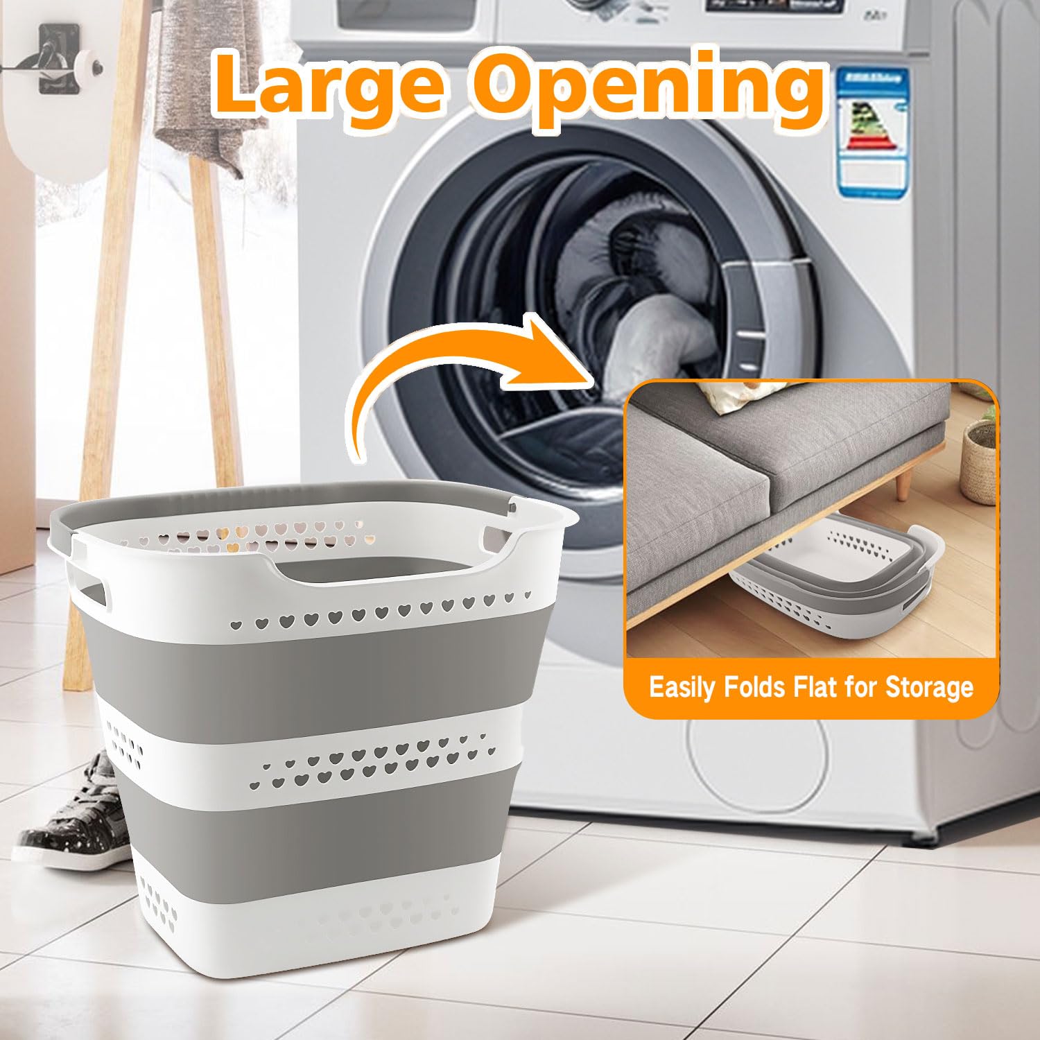 Collapsible Plastic Laundry Basket Hamper with Handles, Foldable Laundry Basket, Pop Up Storage Container Organizer for Washing Storage (1, Gery, 42L)