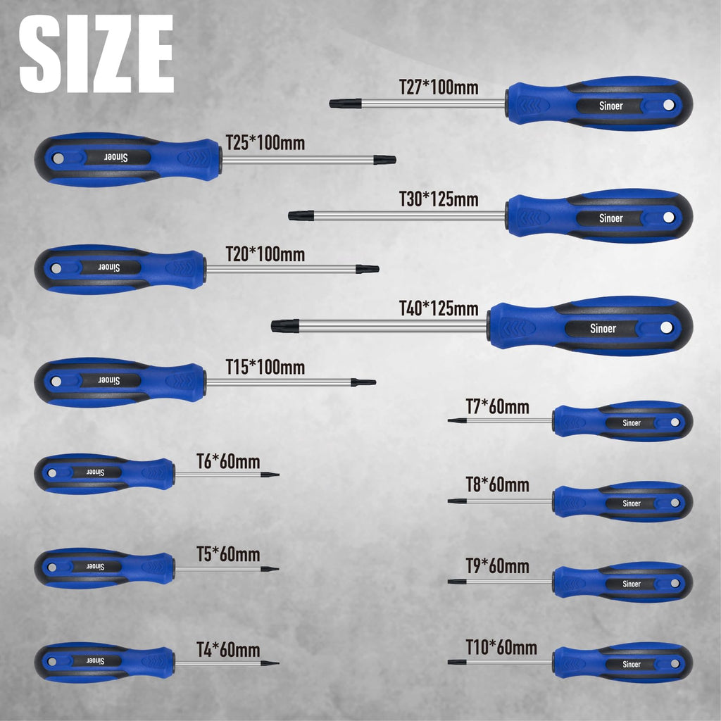 Sinoer 14-Piece Magnetic Torx Screwdrivers Set，Chromium Vanadium Steel，T4 - T40Magnetic Torx Driver Star Screwdrivers Set ，Professional Grade Repair Tools