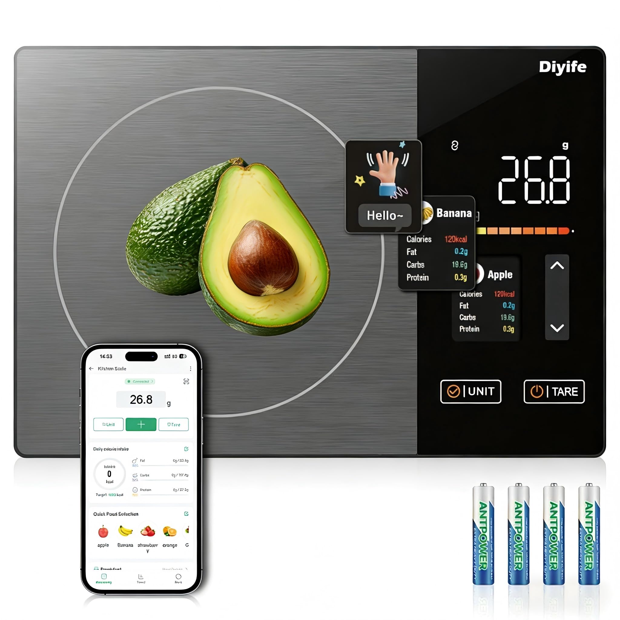 Smart Food Scale with Nutritional Calculator, [TFT Colorful Display] 5kg Nutrition Scale with App, 25 Nutrients Tracking, Calorie, Macro, Keto, Weight Loss, Tare, 5 Units for Meal Prep & Baking