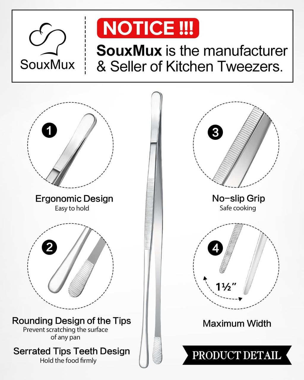 2 Pcs 10-inch Cooking Tweezers Tongs Precision Serrated Tips, Stainless Steel Professional Chef Tweezer Kitchen Tools for BBQ, Plating and Serving