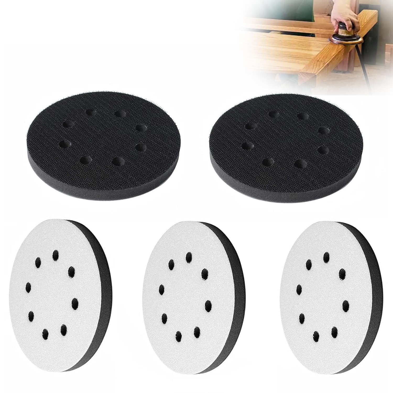 5 Pack 5-Inch Foam Interface Pad, 8-Hole Hook & Loop Sanding Cushion Pad for Random Orbital Sander, Soft Density Buffer Pad, Fits 5-Inch H&L Discs & Backing Pads