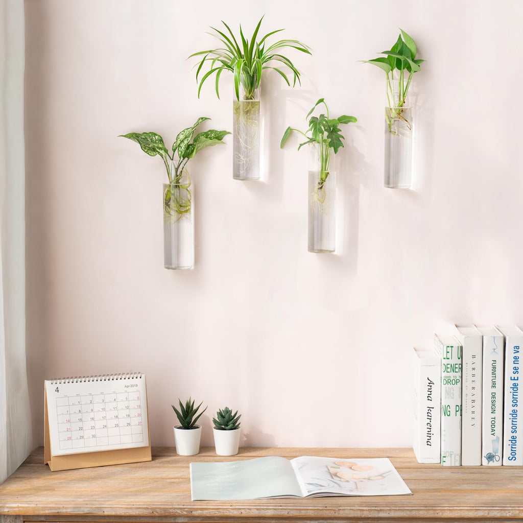Mkono Propagation Stations Wall Hanging Glass Terrariums Tubes Planter Cylinder Flower Vase for Hydroponic Plants, Bathroom Home Office Living Room Decor, Set of 4