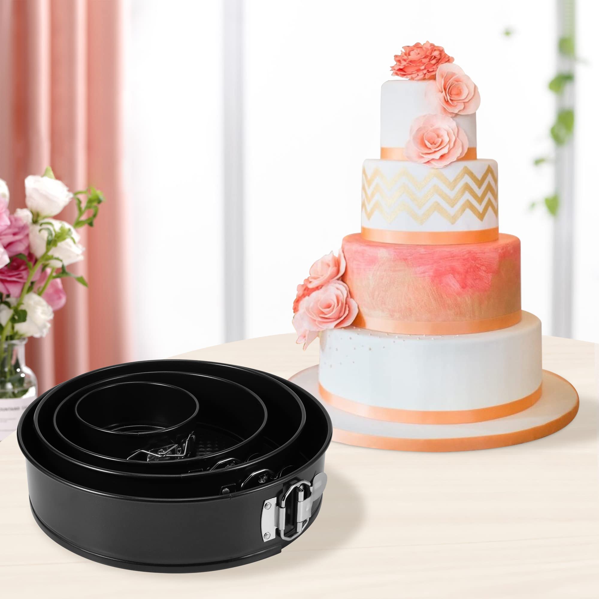 isheTao Springform Cake Pan Set of 4 (4” 7” 9” 10”), Black Cheesecake Pan, Round Nonstick Baking Pans Spring Form for Cheesecake, Removable Bottom, Leakproof Bakeware Sets