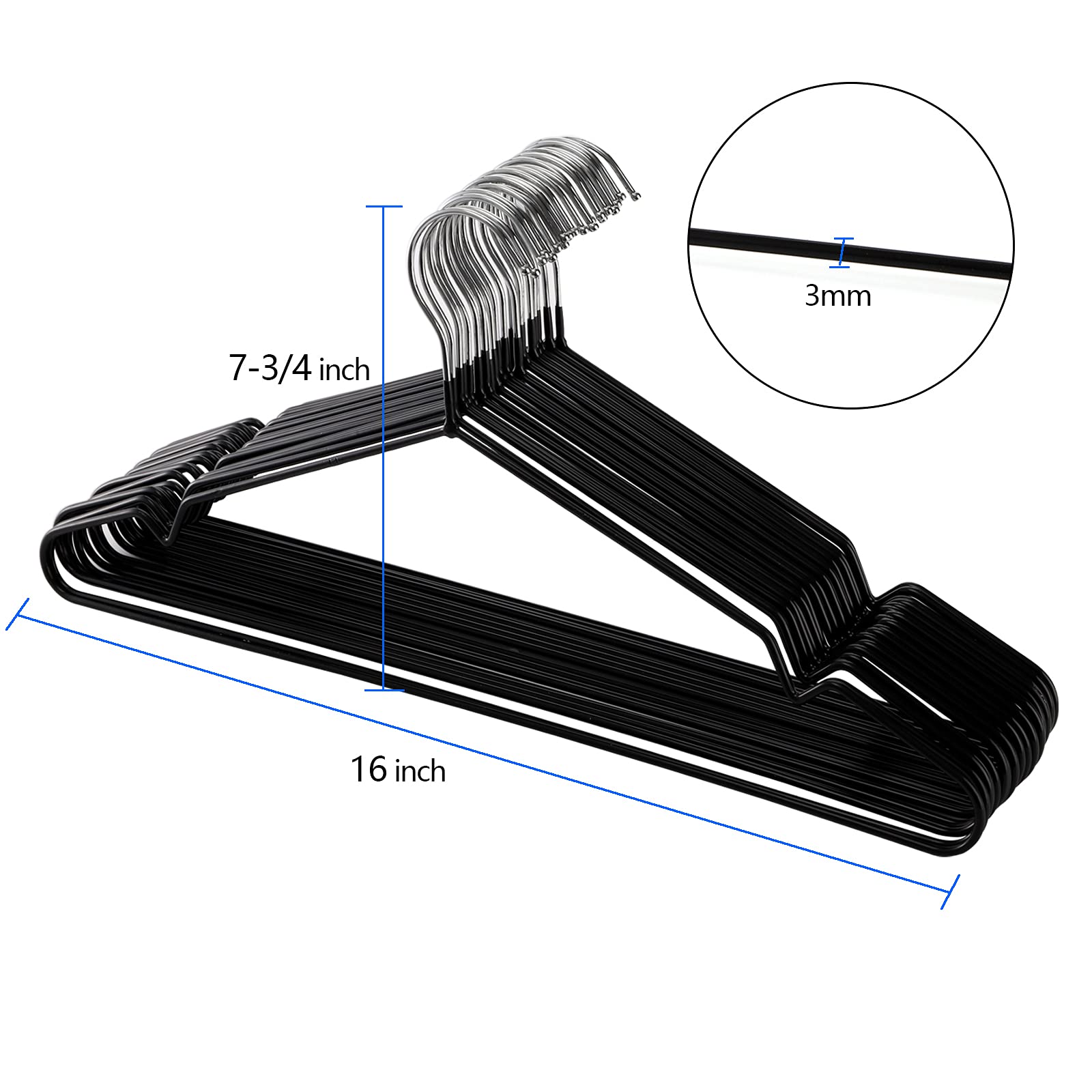 Tosnail 50 Pack 16-Inch Stainless Steel Wire Metal Hangers, Non-Slip Hanger, Space Saving Closet Clothes Hangers - Black