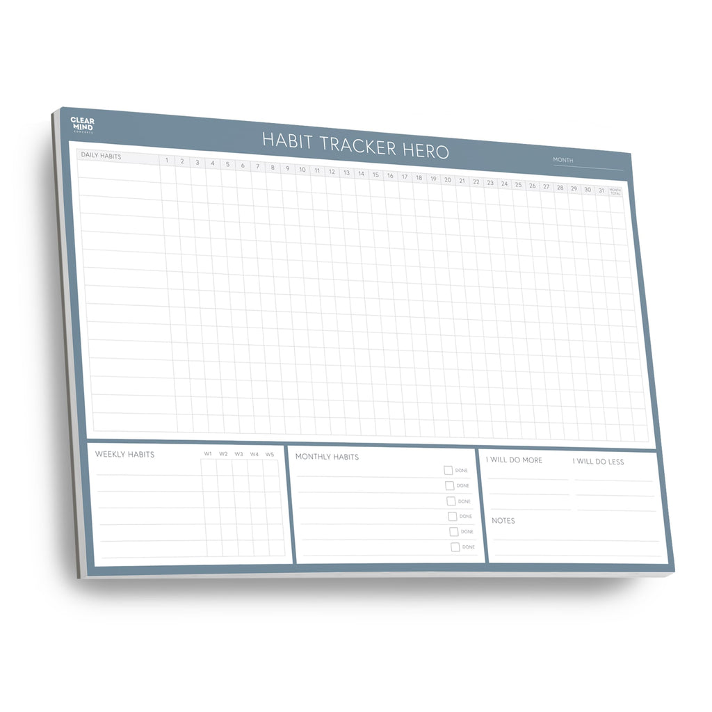 Habit Tracker Hero Desk Pad by Clear Mind Concepts® - A4 Landscape Habit Planner, 24 Undated Monthly Tear-Off Sheets, 160gsm No-Bleed Paper - Track Daily, Weekly & Monthly Routines