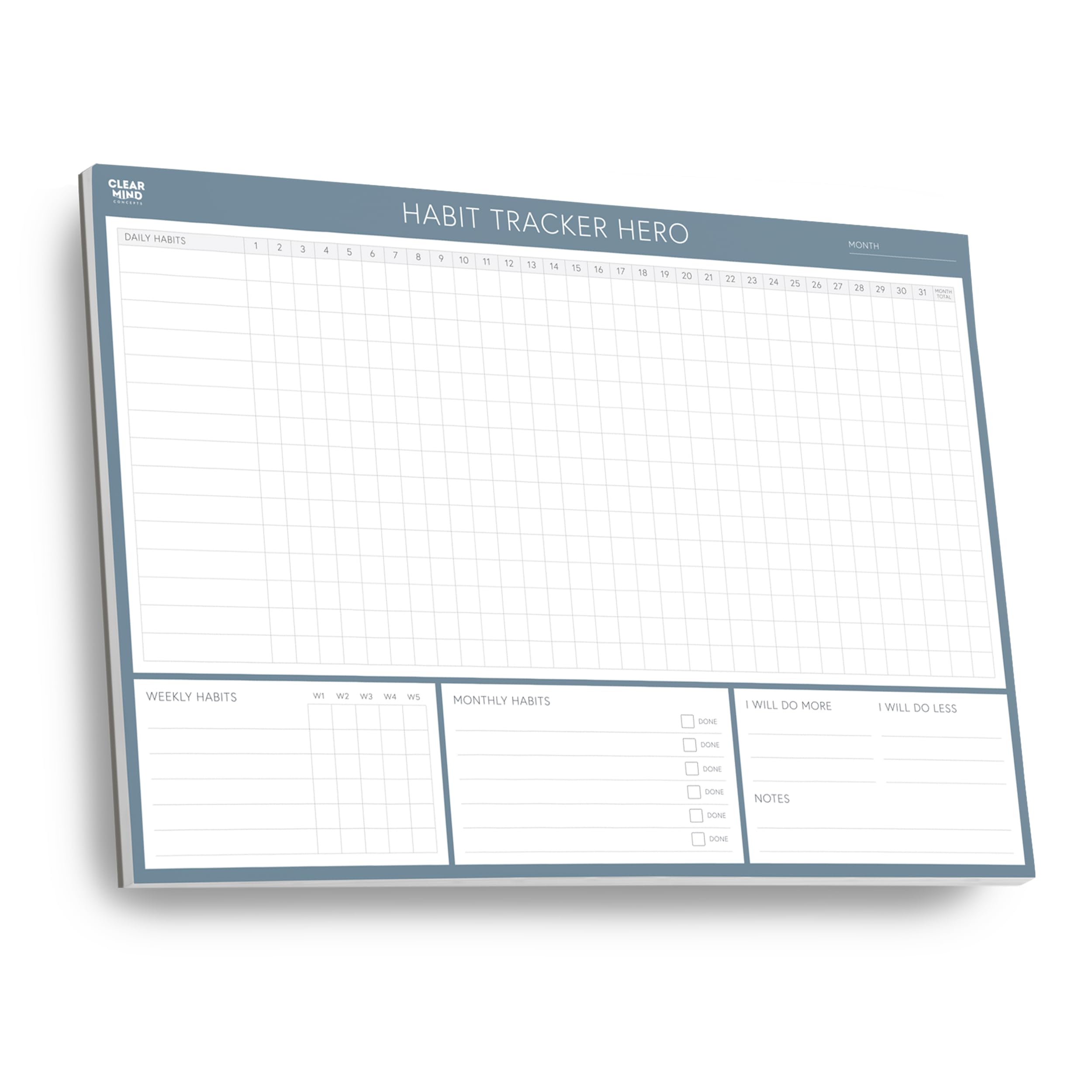 Habit Tracker Hero Desk Pad by Clear Mind Concepts® - A4 Landscape Habit Planner, 24 Undated Monthly Tear-Off Sheets, 160gsm No-Bleed Paper - Track Daily, Weekly & Monthly Routines