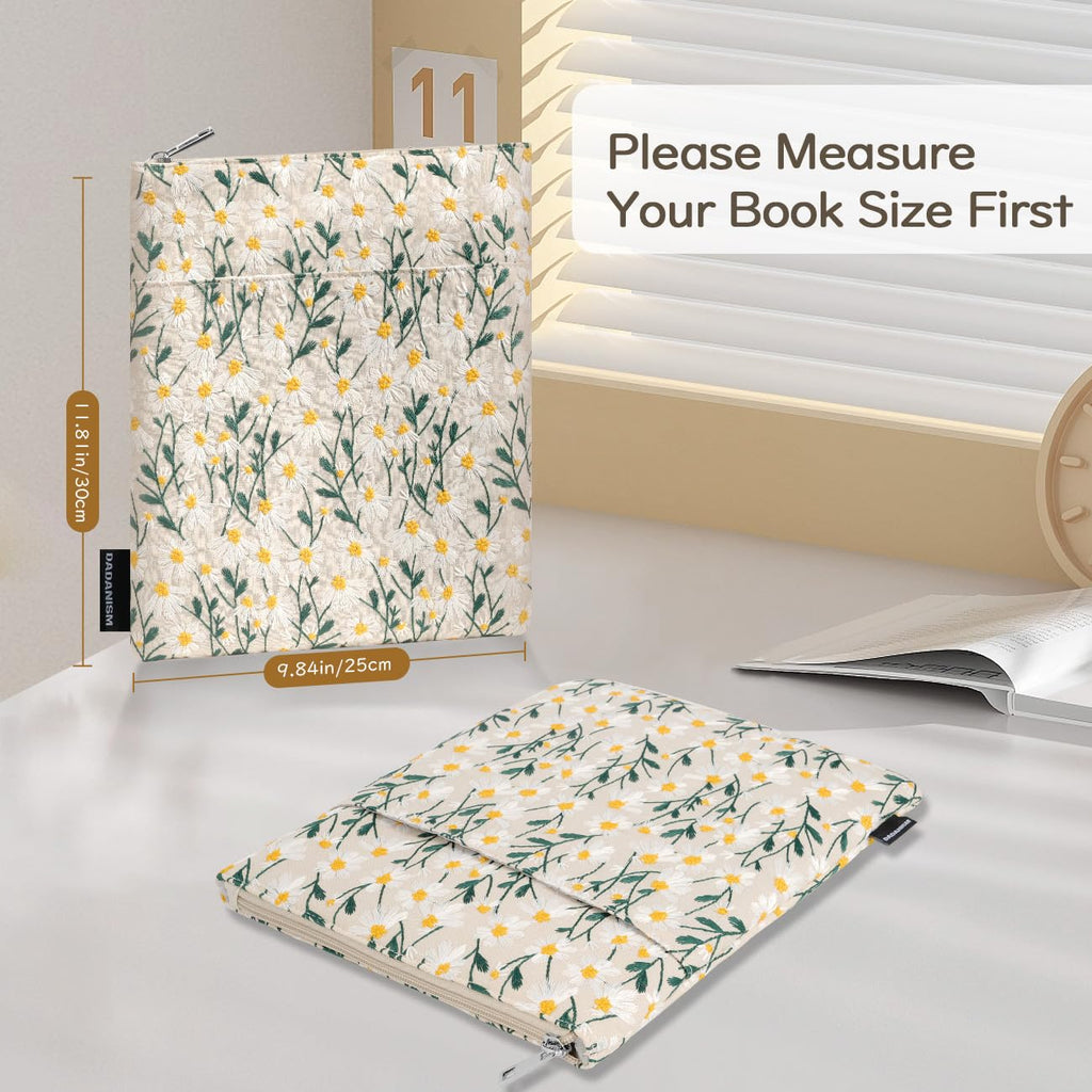 Dadanism Daisy Embroidered Book Sleeve with Zipper, Book Protector Pouch Books Lovers Gifts Bookish Gifts B-OOK Cover with Front Pocket for Hardcover Paperback, for Reader Teacher, Beige