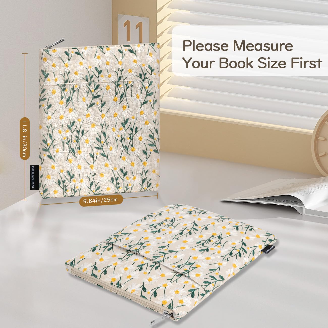 Dadanism Daisy Embroidered Book Sleeve with Zipper, Book Protector Pouch Books Lovers Gifts Bookish Gifts B-OOK Cover with Front Pocket for Hardcover Paperback, for Reader Teacher, Beige
