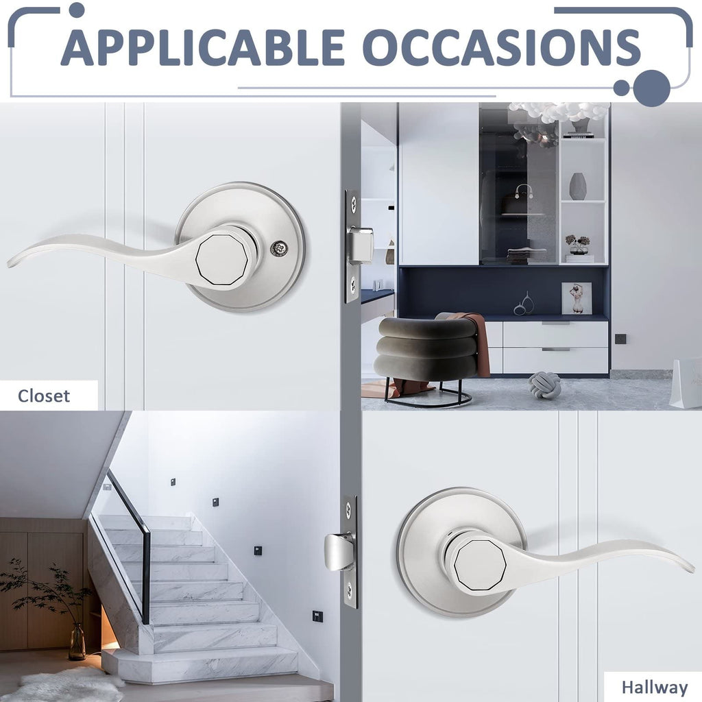 Probrico (1 Pack) Passage Door Lever [Non-Locking Lever Set], Non-Locking Door Handle Set for Hallway or Closets, Keyless Satin Nickel Finish Wave Door Lock, Reversible Right & Left Side Handed