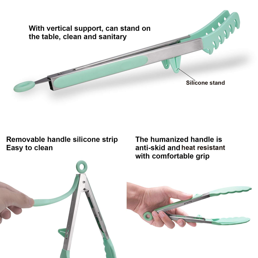 4in1 Stainless Steel Kitchen Food Tongs Set for Cooking with Silicone Tips, Toaster Steak Pie Pizza Pasta Spaghetti Noodles Salad Fruit Vegetable Grill BBQ Buffet Clamp Serving Tools Gadgets