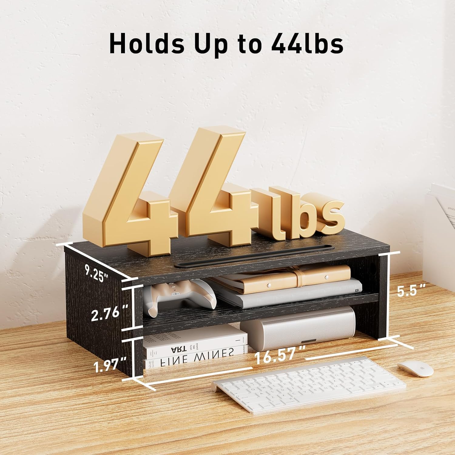LORYERGO Monitor Stand, Monitor Riser, 2 Tier Computer Stand, Monitor Stand Riser w/Cellphone Holder & Storage Space, Desk Stand 16.5 inch for Laptop, Printer, PC, for Home & Office -LEMS09