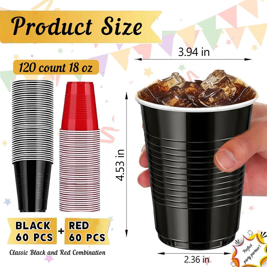120 Count 18 oz Plastic Cups Black and Red Disposable Cups Heavy Duty Party Cups Beer Drinking Cups Bulk for Birthday Wedding Graduation Picnic Halloween Christmas Celebrations Everyday Use