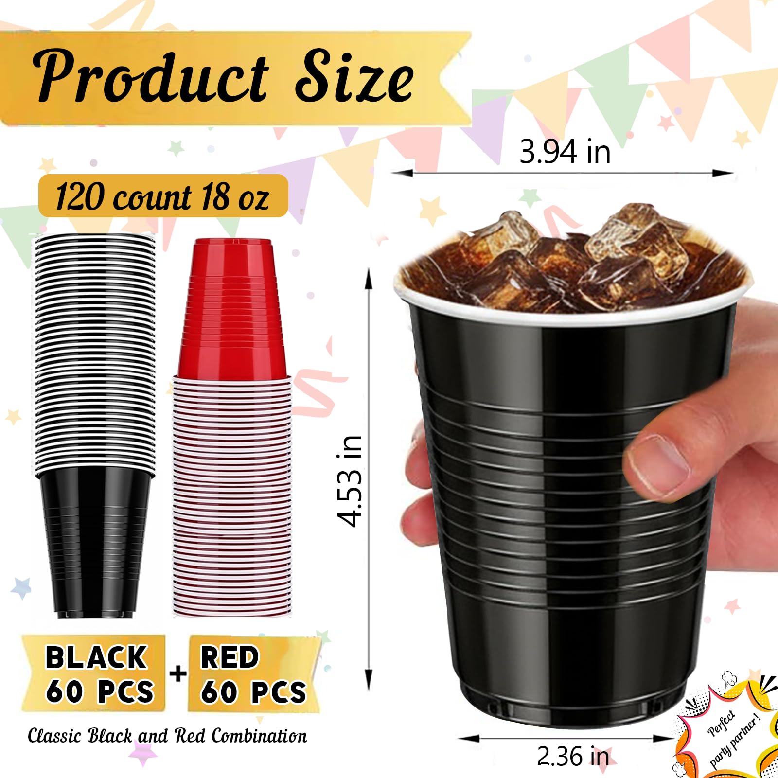120 Count 18 oz Plastic Cups Black and Red Disposable Cups Heavy Duty Party Cups Beer Drinking Cups Bulk for Birthday Wedding Graduation Picnic Halloween Christmas Celebrations Everyday Use