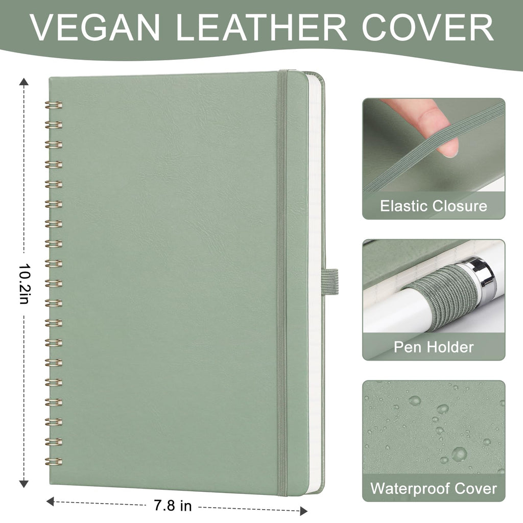 AHGXG Lined Spiral Journal Notebook, B5 Large College Ruled Journals for Women Men，Hardcover Leather Notebooks for School Work Note Taking, 140 Numbered Pages, 100 GSM Paper, 7.6" x 10", Sage Green
