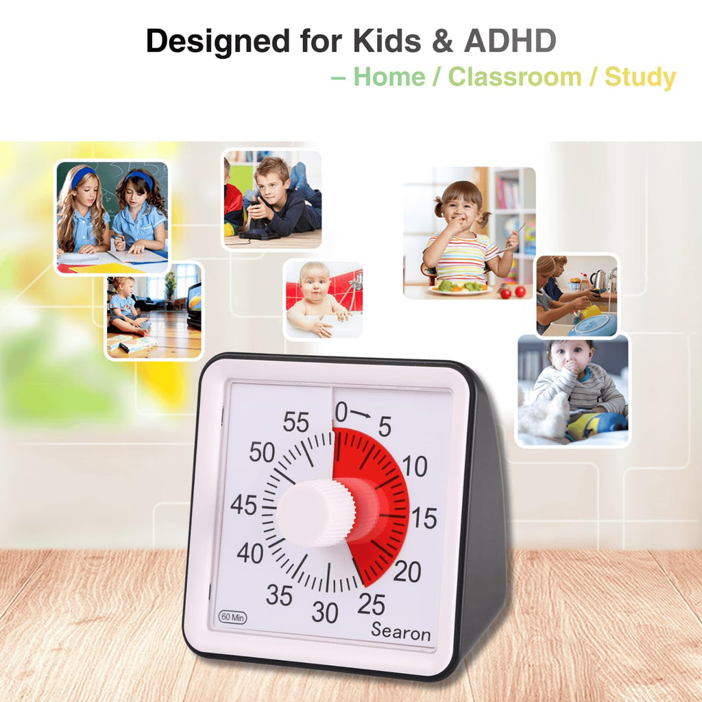 Searon Visual Timer for Kids – 60 Minute Countdown Timer with Color Disk, Quiet Time Management Timer for Study, Homework, Classroom, ADHD & Daily Routines (Black)
