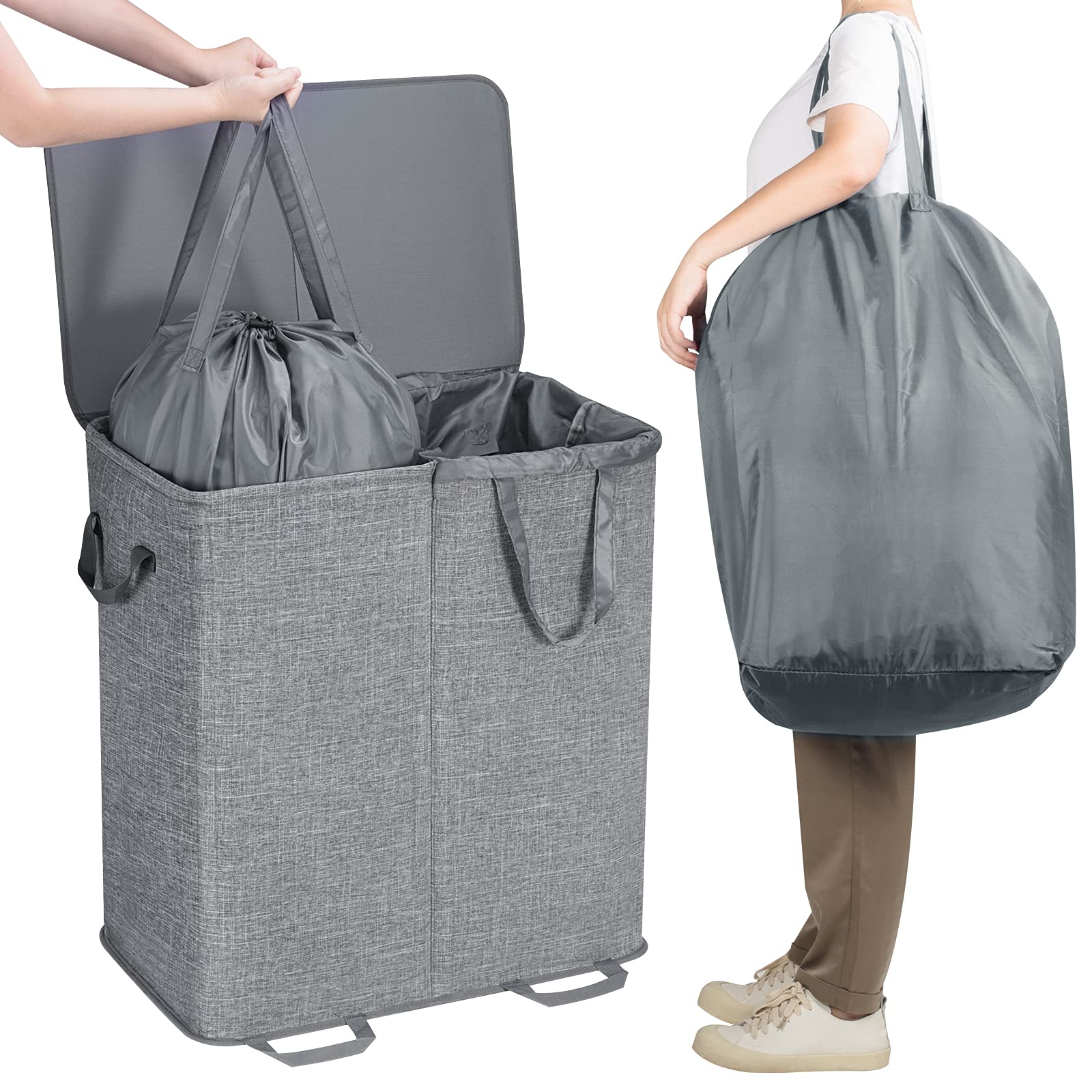 Lifewit Double Laundry Hamper with Lid and Removable Laundry Bags, Large Collapsible 2 Dividers Dirty Clothes Basket with Handles for Bedroom, Laundry Room, Closet, Bathroom, College, Grey