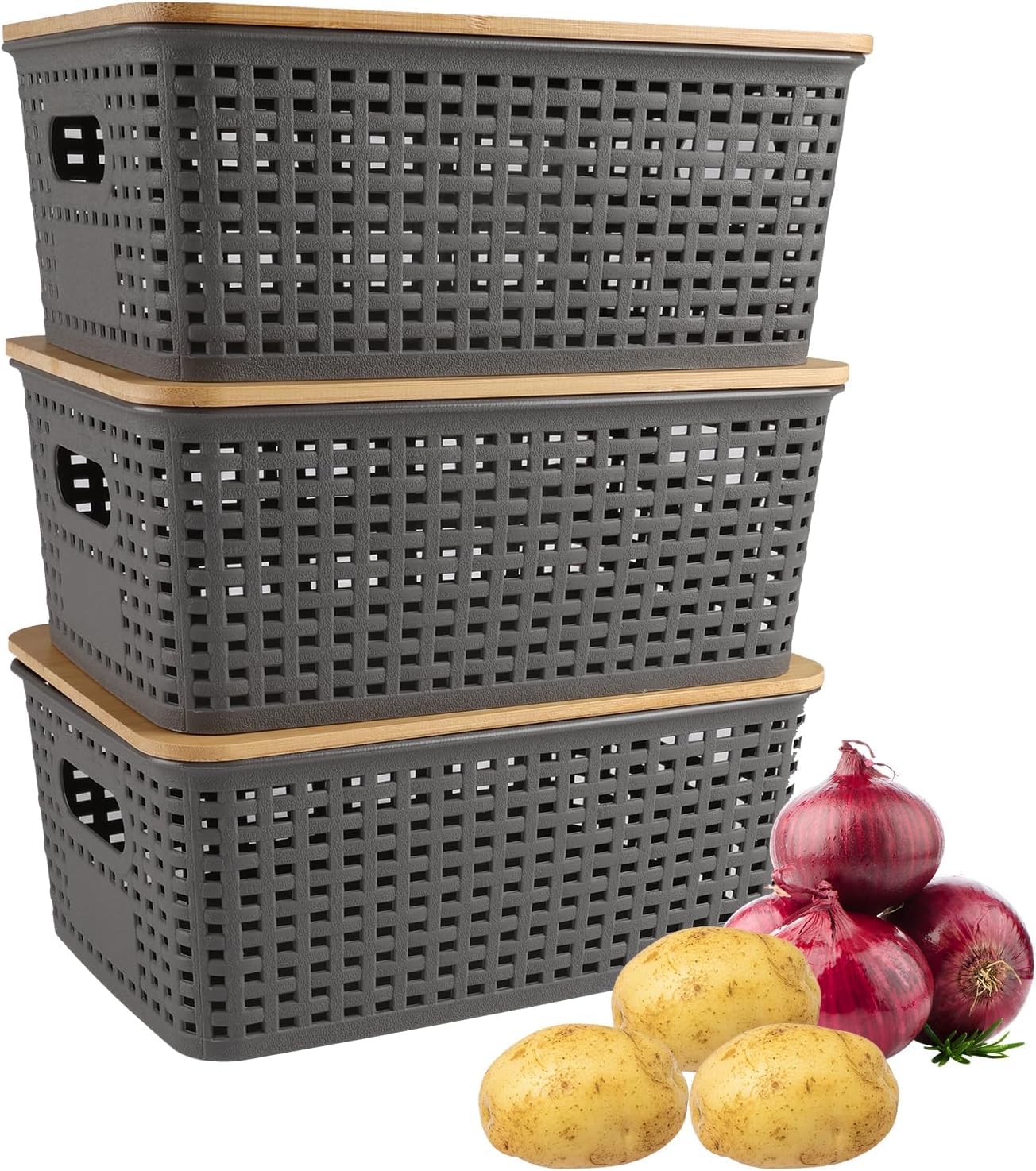 Dewsea Onion and Potato Storage Bins Set, Vegetable Storage Basket, 3 Pack Pantry Storage with Bamboo Lids & Handles for Produce, Fruit, Bread and Snacks