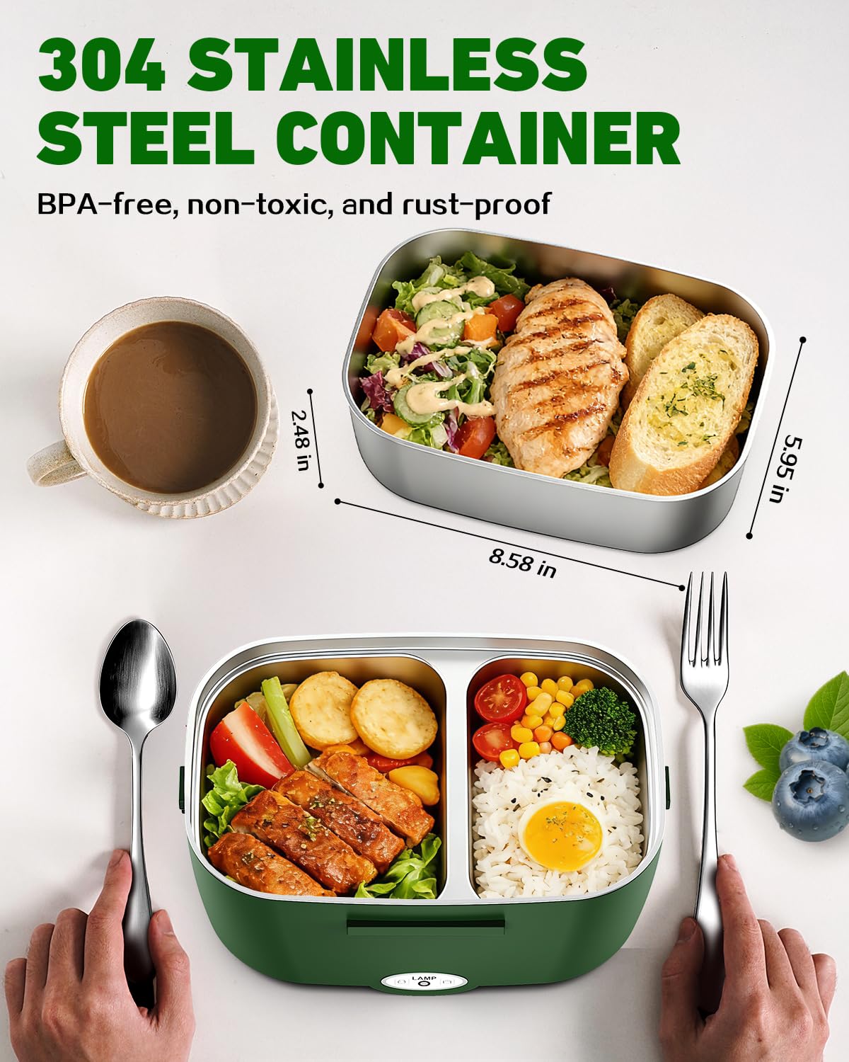 Electric Lunch Box for Adults – 80W Fast Heating Portable Food Warmer for Car, Truck & Office – Heated Lunch Box with 1.5L SS Containers, Leak-Proof Lonchera Eléctrica Portátil (GN)