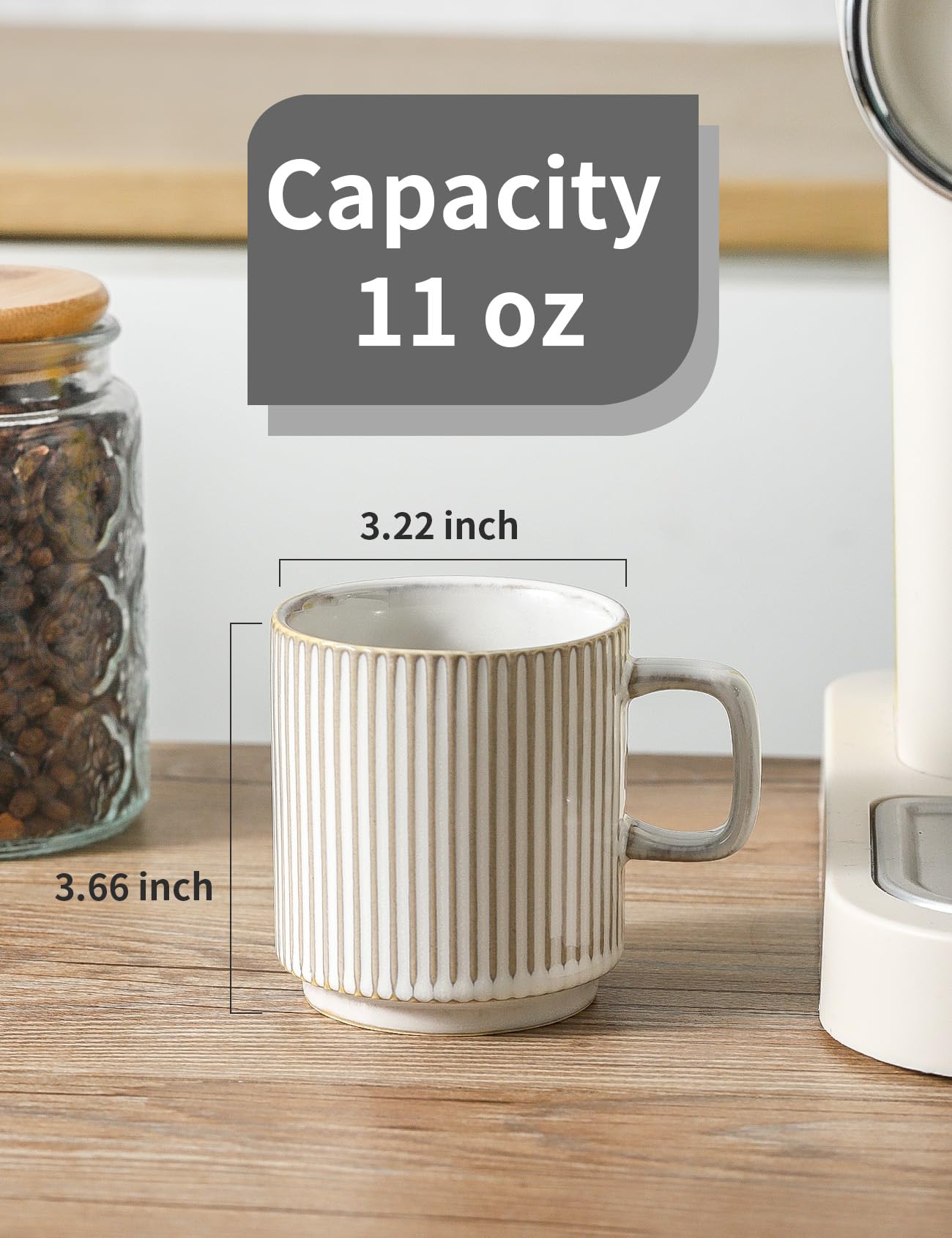 Seyatoo Coffee Mugs Set of 4, Ceramic Ribbed Coffee Mug, Tea Coffee Cups Set with Handle, Porcelain Mug for Americano, Latte, Cappuccino, Hot Chocolate, Glazed White