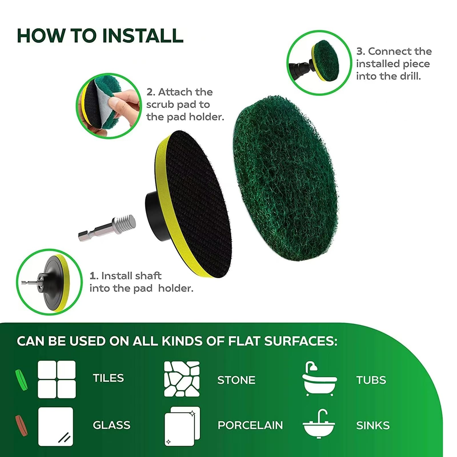4 inch drill Power Brush Tile Scrubber Scrub Pad 2 different stiffness 4 inch pad Holders with 6 scrub pads Heavy Duty bath and tile cleaner for perfect cleaning of large flat areas drill not included