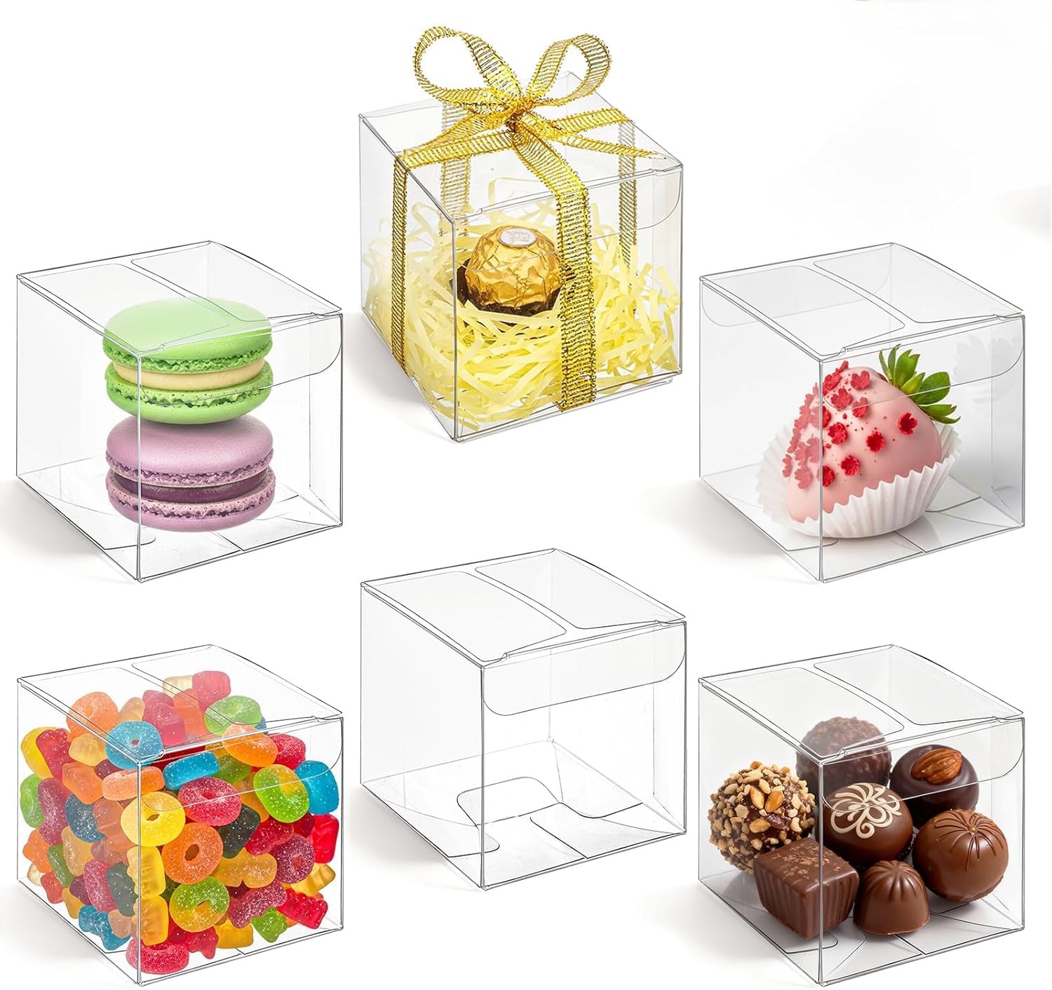 Nicunom 120 Pack 2x2x2 Inch Clear Favor Boxes with Ribbons, Small Plastic Gift Boxes Mini Transparent Cube Individual Candy Macaron Packaging Box for Wedding Birthday Party Baby Shower Treats