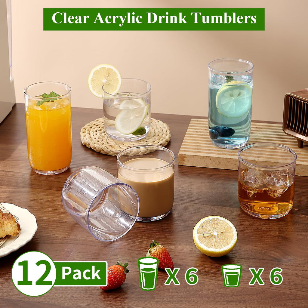 Kyraton Drinking Glasses Set of 12, PET Clear Plastic Highball Glasses 420ml & Whisky Cocktail Glasses Set 340ml, Heavy Duty Unbreakable Water Glasses Cup Tumbler Glassware for Beer, Juice, Milk