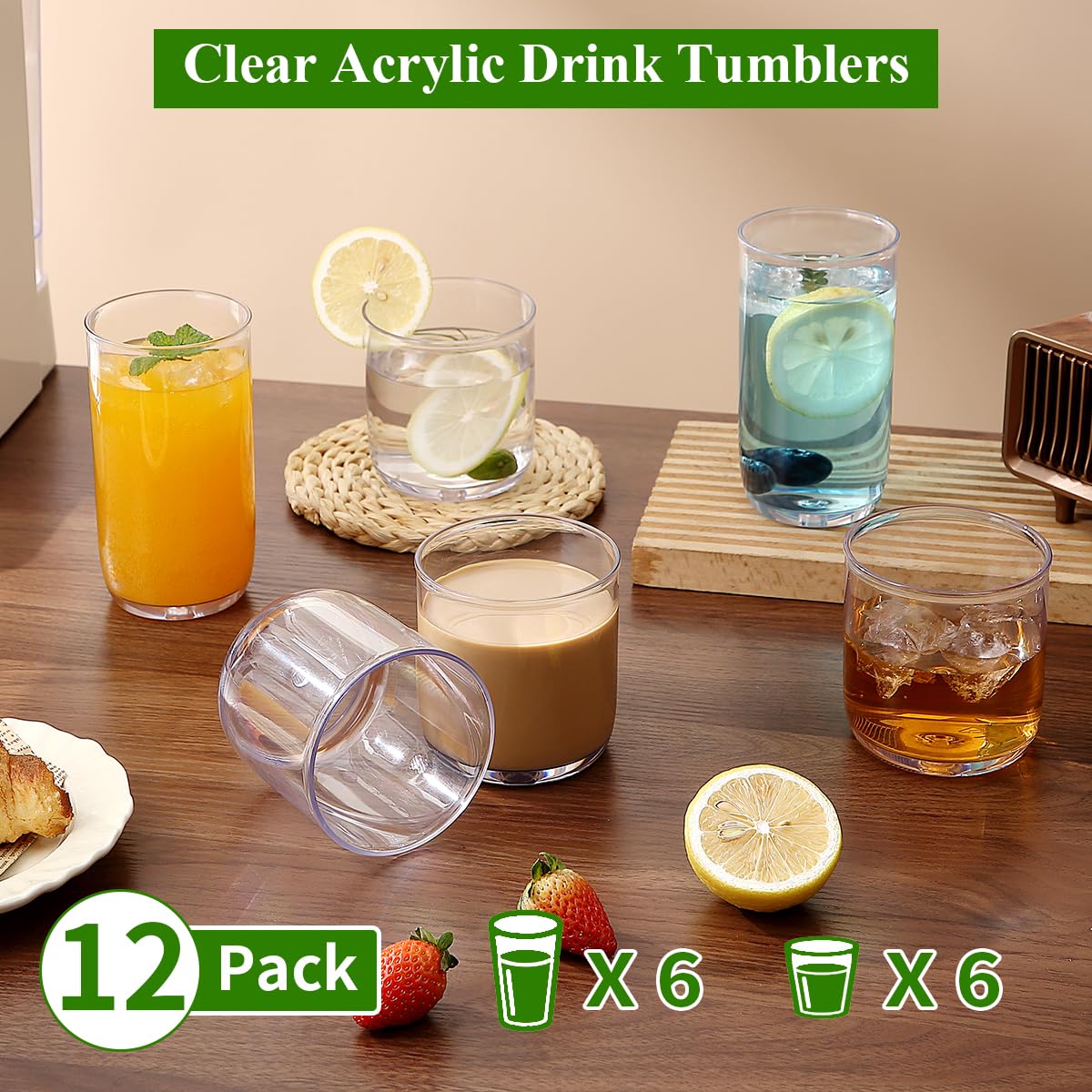 Kyraton Drinking Glasses Set of 12, PET Clear Plastic Highball Glasses 420ml & Whisky Cocktail Glasses Set 340ml, Heavy Duty Unbreakable Water Glasses Cup Tumbler Glassware for Beer, Juice, Milk