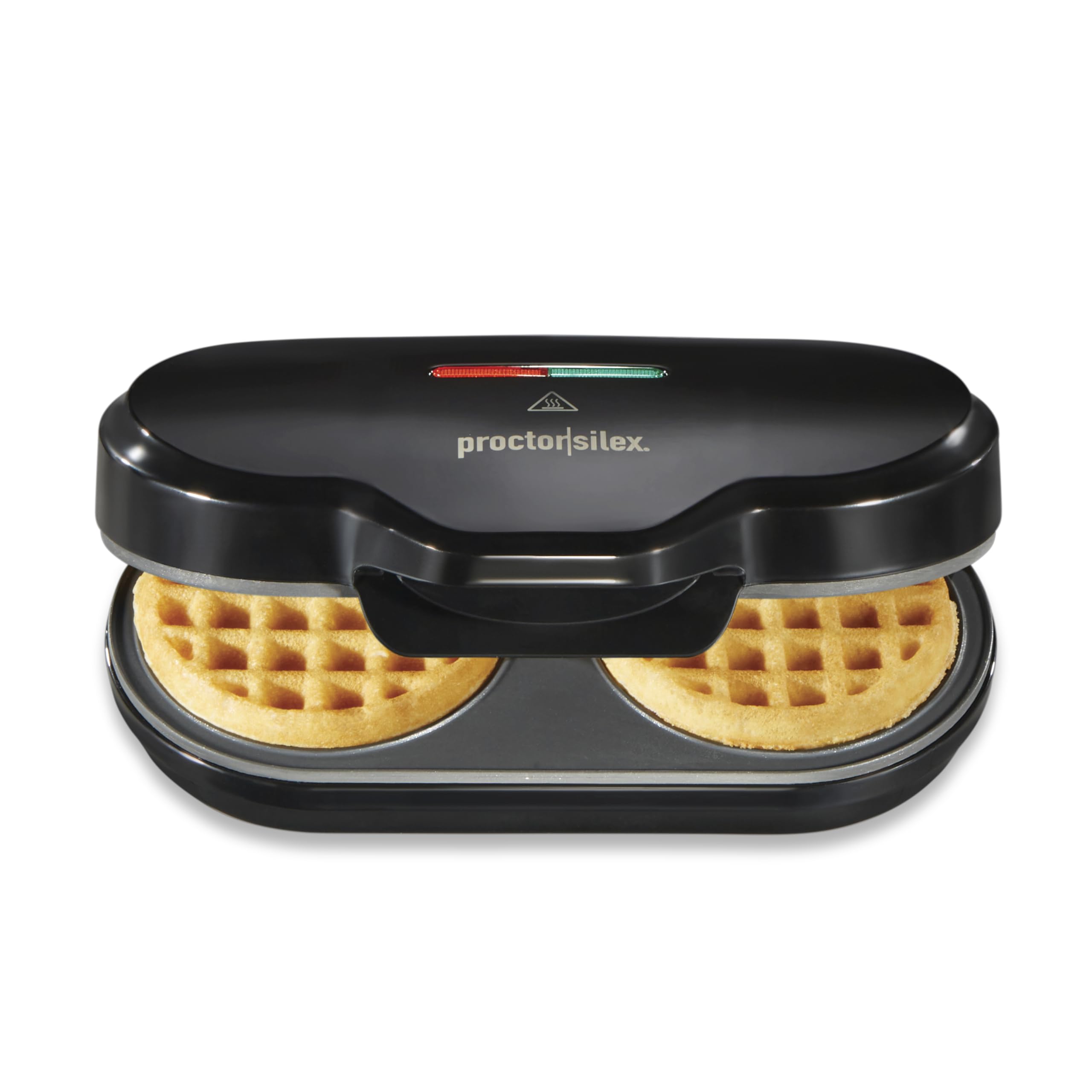 Proctor Silex Double Mini Waffle Maker Machine with 4” Round Non-stick Grids, 2 Individual Breakfast Keto Chaffles and Hashbrowns, Compact, 700 watts ,Black (26102MN)