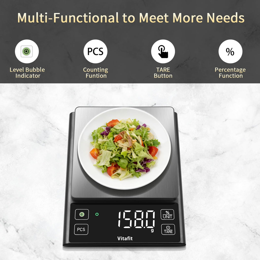 Vitafit 11lb Food Scale, High Accuracy 0.0001lb by Our Professional Factory Since 2001, Digital Kitchen Scale with% Percentage Function Cooking,Baking&Coffee, Stainless Steel, Big LED, Black