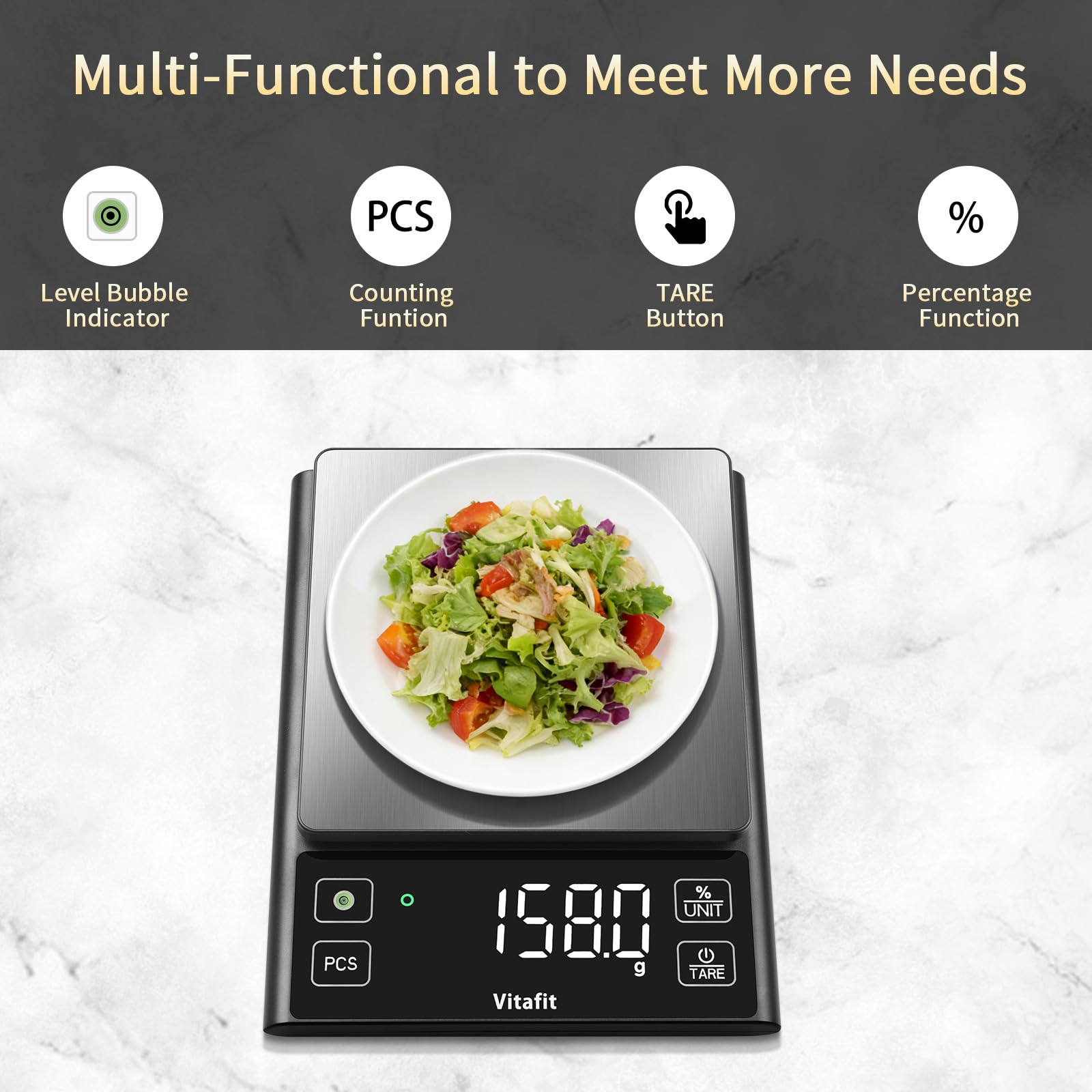Vitafit 11lb Food Scale, High Accuracy 0.0001lb by Our Professional Factory Since 2001, Digital Kitchen Scale with% Percentage Function Cooking,Baking&Coffee, Stainless Steel, Big LED, Black