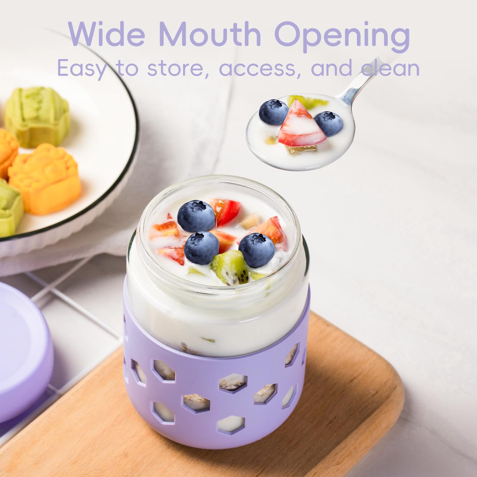 Mrsdry 6 Pack Overnight Oats Jar, Mason Jars with Lids and Protective Silicone Sleeve, 16 oz Glass Chia Pudding Jars, Mason Salad Meal Prep Jar for Yogurt Oatmeal (Pastel Cream, 16oz)