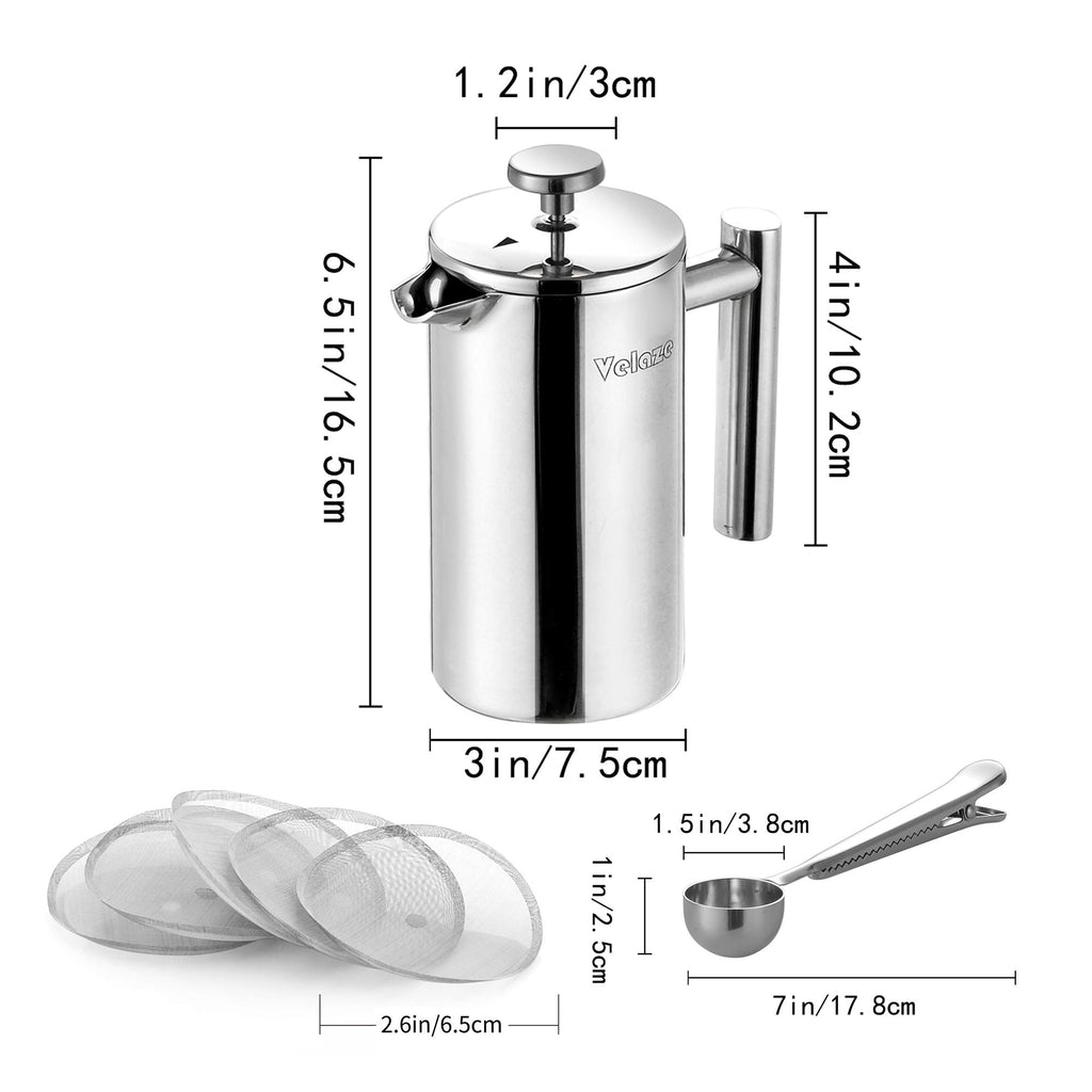 Velaze French Press Coffee Maker, Stainless Steel Double Wall Insulated French Press Coffee Press, Small Coffee Maker Included 4 Extra Fliters and 1 Coffee Spoon, 350ML, 12 oz