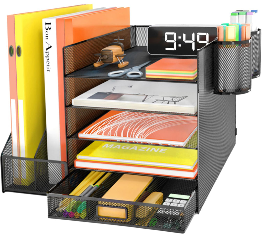 Desk Organizer with File Holder, 5-Tier Letter Paper Tray Organizer with Drawer & 2 Pen Holders, Desk Organizers and Accessories, Mesh Desktop File Organizer and Storage for Office Supplies