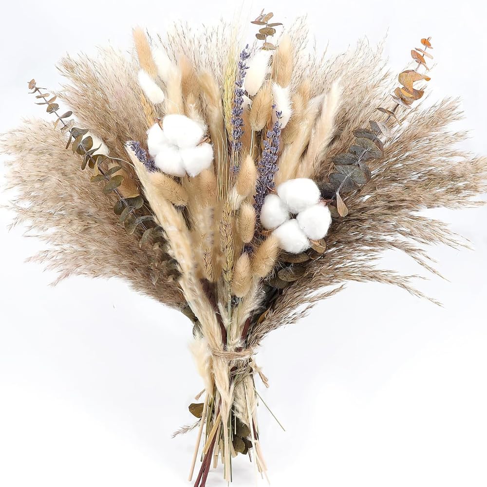 Natural Dried Flower Bouquet - Pampas Grass, Cotton Stems, Bunny Tails, Eucalyptus, Lavender & Wheat - Rustic Boho Decor for Home, Fall Decorations for Home, Wedding, or Gift
