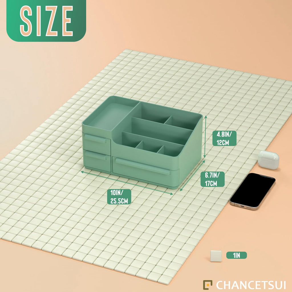 Makeup Organizer With Drawers, Countertop Organizer for Cosmetics, Vanity Holder for Lipstick, Brushes, Lotions, Eyeshadow, Nail Polish and Jewelry (Green)