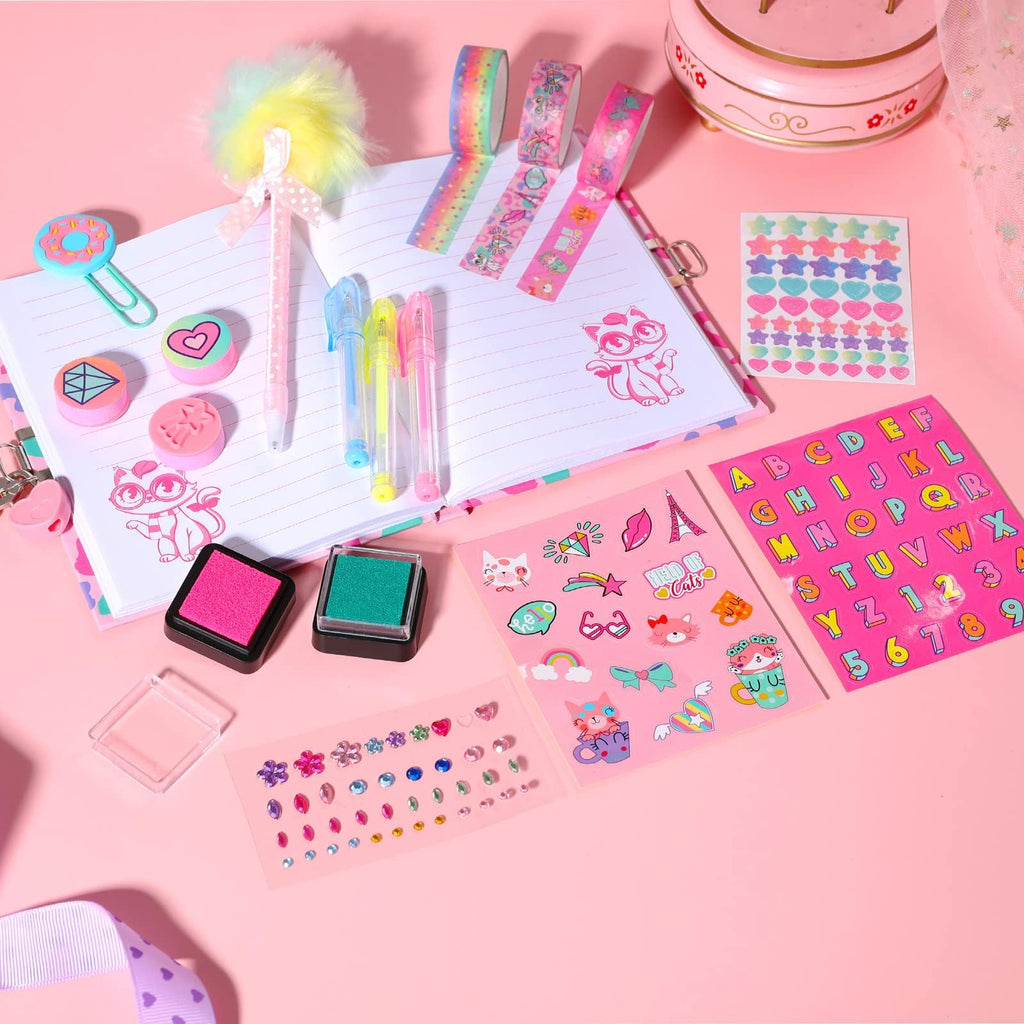 Cat Diary for Girls with Lock, Cat Stationery Set with Secret Diary, Stamps, Pens, Cat Journal Notebook Birthday Gifts for Little Girls Age 5 6 7 8 9 10-12