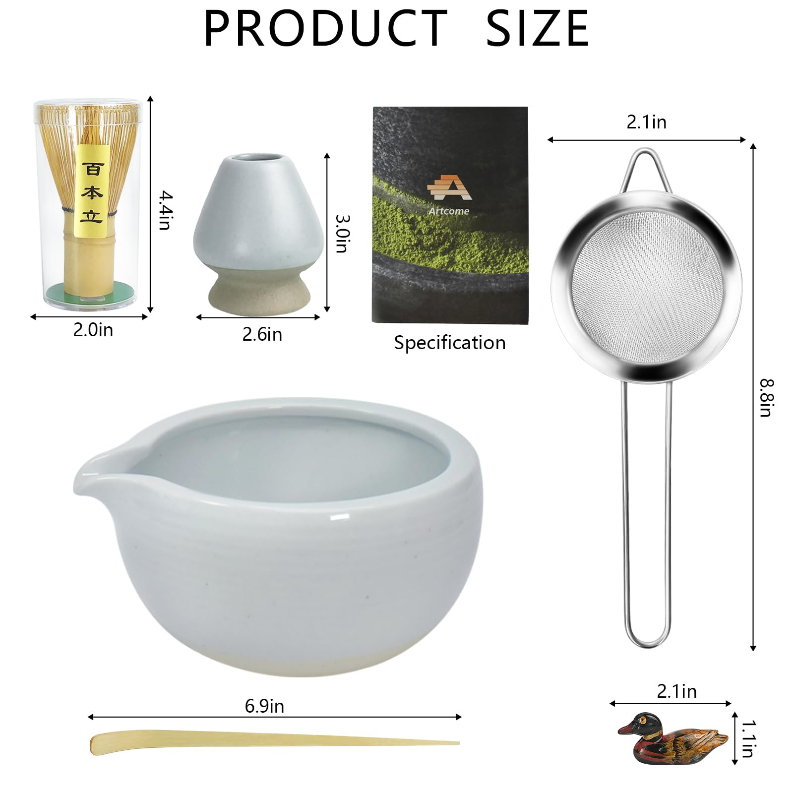Artcome Matcha Ceremony Kit for Japanese Tea Ceremony, Bowl with Pouring Spout, Whisk, Tea Scoop, Matcha Powder Strainer, Matcha Tea Set for Making Usucha, Koicha and Matcha Latte (Cyan)