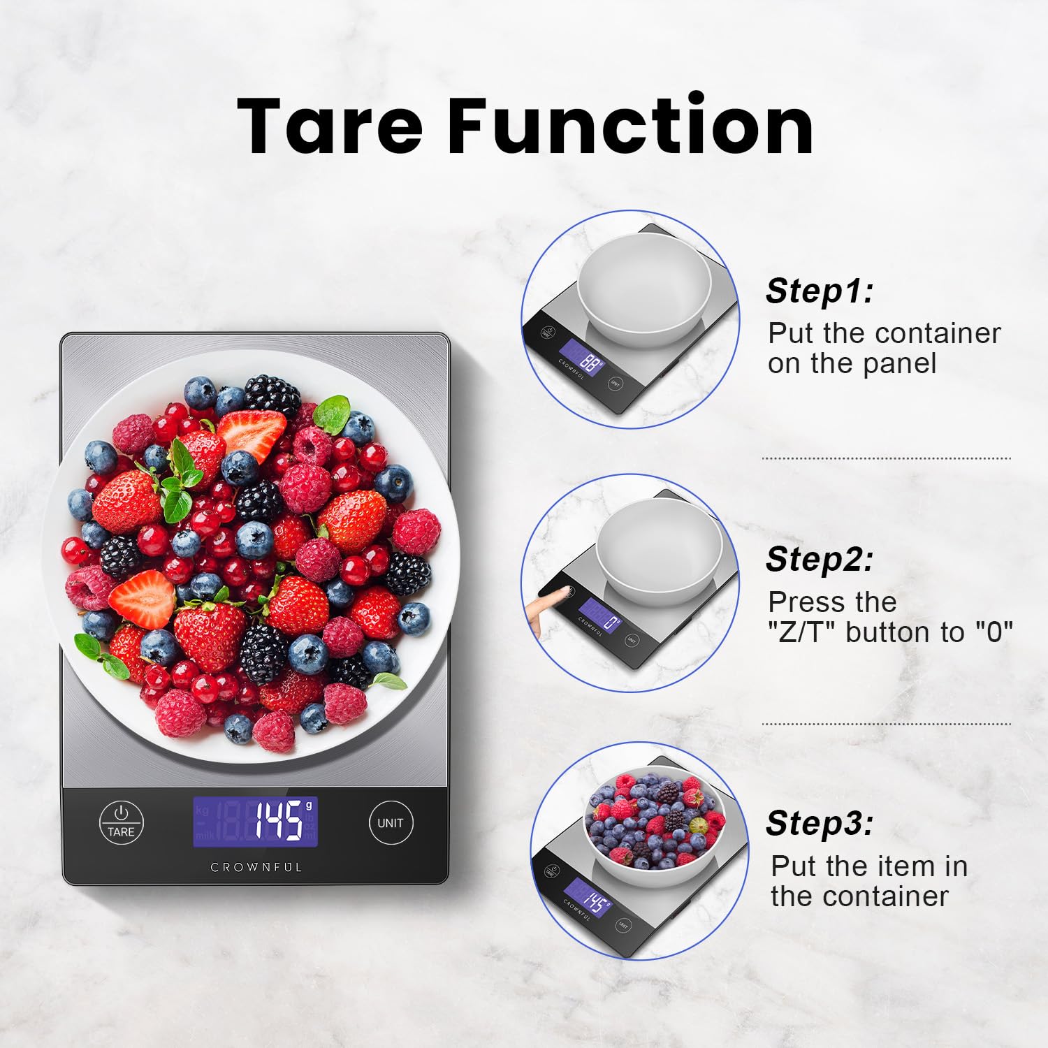 CROWNFUL Food Scale, Rechargeable 304 Stainless Steel Digital Kitchen Scale Upto 33lb Weight Grams and Ounces with LCD Display and Type-C Charging for Baking and Cooking