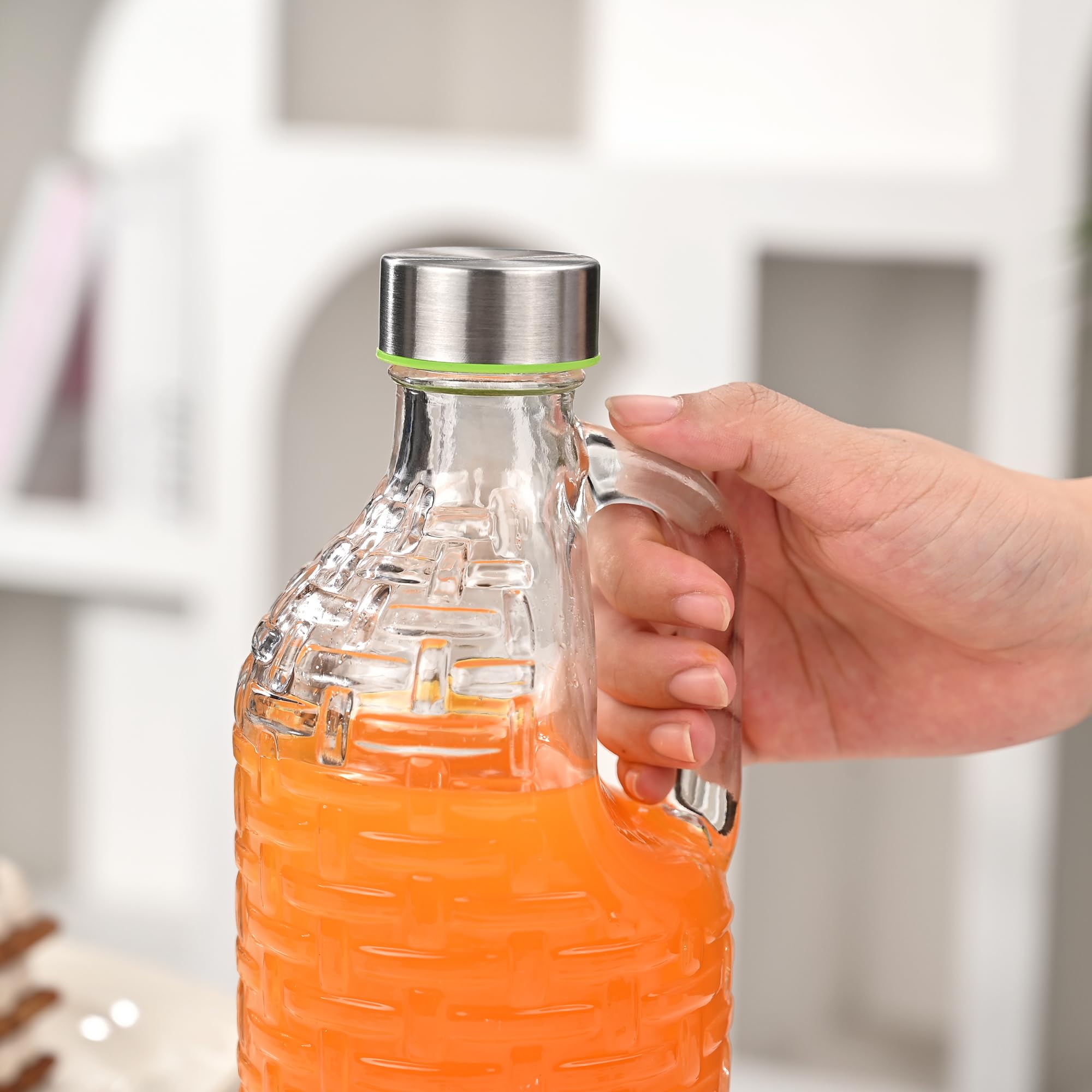 Fox Run Glass Bottle and Lid Set, Set of 2 Glass Pitchers with Stainless Steel Lids, 39 oz/1.15 Liter Capacity Each