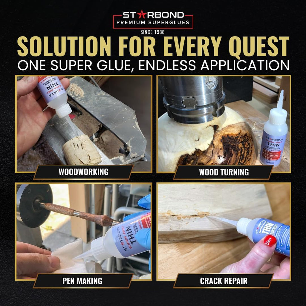 Starbond Super Fast Thin CA Glue – Super Glue Pro Kit with Precision Microtips Anti-Clog Cap & Extra Nozzles – Premium Cyanoacrylate Adhesive for Cracks, Joints, Woodturning, Hobby & Repairs, 2 oz