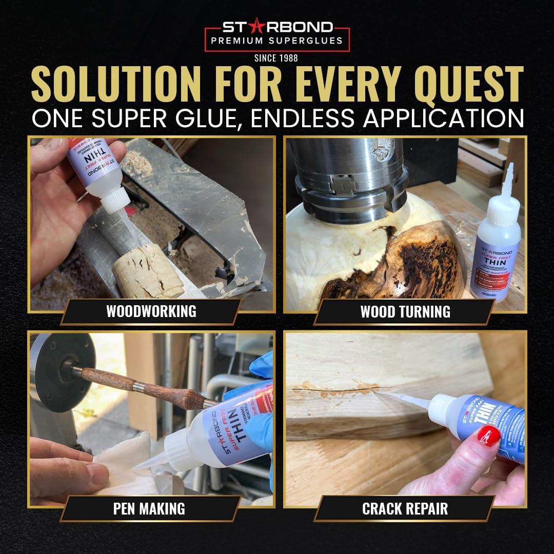 Starbond Super Fast Thin CA Glue – Super Glue Pro Kit with Precision Microtips Anti-Clog Cap & Extra Nozzles – Premium Cyanoacrylate Adhesive for Cracks, Joints, Woodturning, Hobby & Repairs, 2 oz