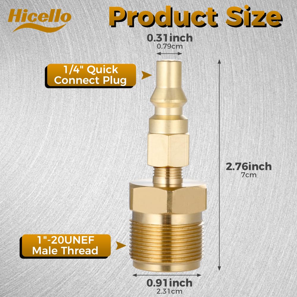 Hicello 2pcs 1/4" Quick Connect Plug with 1"-20UNEF Male Thread Connect 1LB Propane Regulator Adapter, Solid Brass Propane Connect Convert Fitting for BBQ Grill, Heater Hook Up RV Trailer Gas Supply