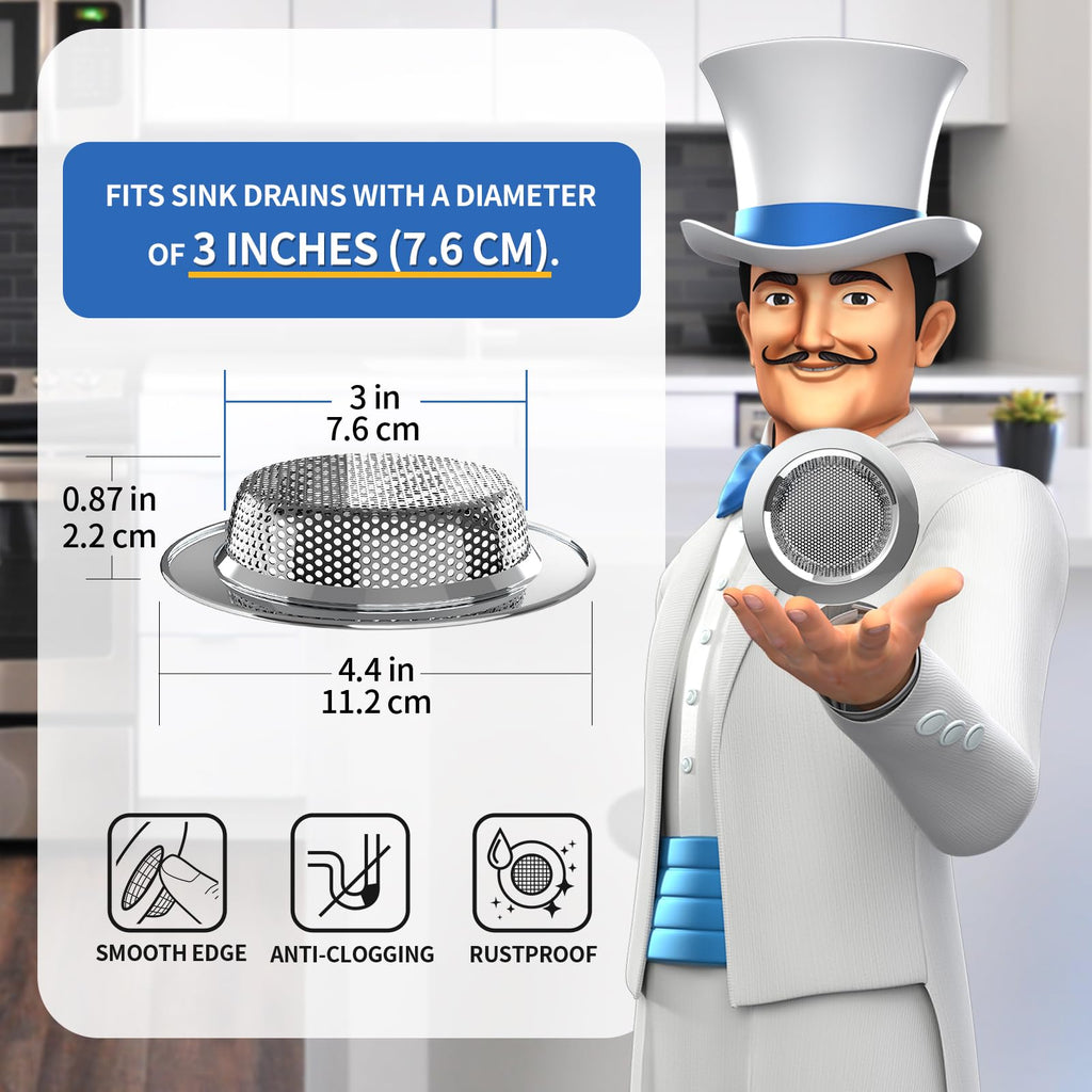 MR.SIGA Kitchen Sink Strainer, Stainless Steel Sink Drain Strainer, Dishwasher Safe, Outer Diameter4.4 inch/11.2cm, Inner Diameter 3 inch/7.6cm, Pack of 3