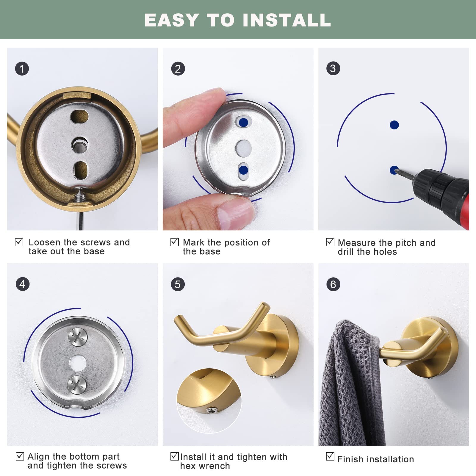 ARCORA Brushed Gold Towel Hooks, SUS 304 Stainless Steel Wall Hooks, Heavy Duty Robe Hooks 1 Pack, Modern Towel Hooks for Bathroom