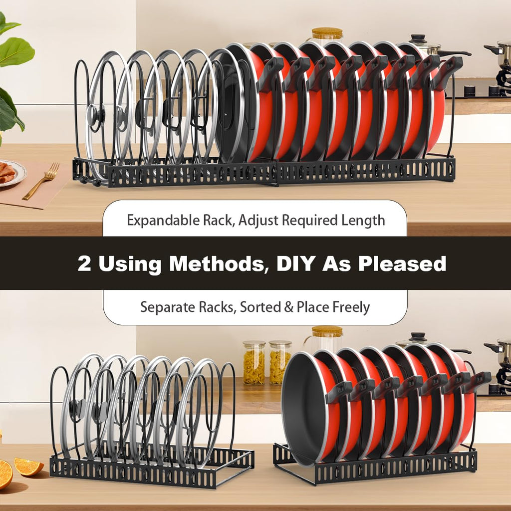 Housolution Pot and Pan Organizer Rack for Cabinet, Expandable Pot Lid Organizer with 14 Adjustable Dividers, Pan Holder Storage Rack for Kitchen Cabinet, Black