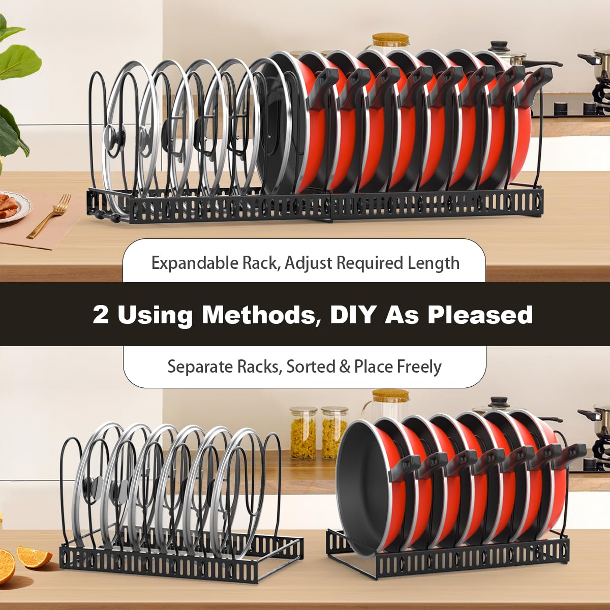 Housolution Pot and Pan Organizer Rack for Cabinet, Expandable Pot Lid Organizer with 14 Adjustable Dividers, Pan Holder Storage Rack for Kitchen Cabinet, Black