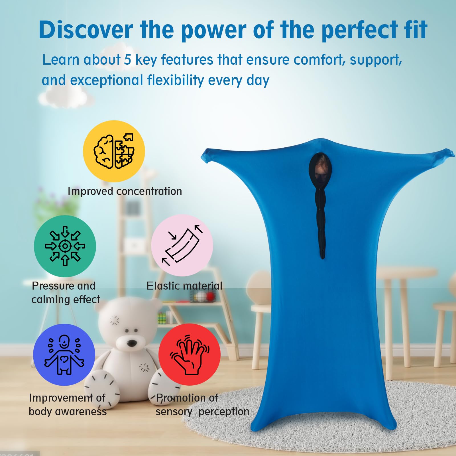 Sensory Sox Stretchy Body Socks Full-Body Wrap to Relieve Stress, Hyposensitivity Great for Boys, Girls with Autism, Anxiety (Large 56"x27", Blue)