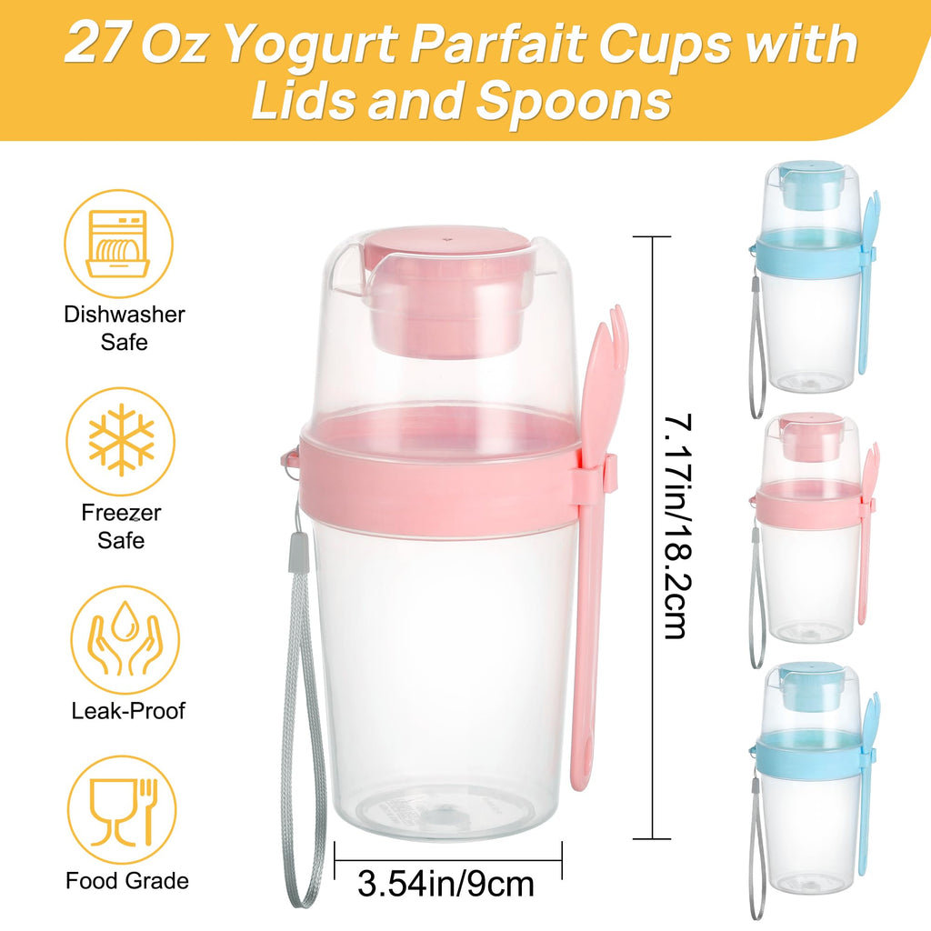 Vtopmart 4 Pack 27oz Yogurt Parfait Contianer with Spoon and Sauce Cup, Overnight Oats Containers, Reusable Crunch Cup, Food Container for Breakfast with Yogurt, Cereal, Salad or Snack
