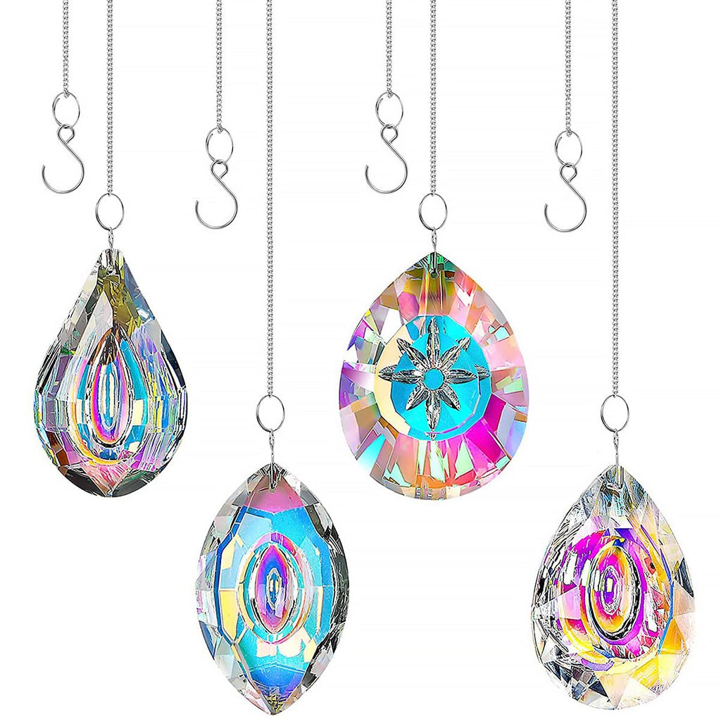 4pcs Hanging Crystals Suncatcher Prism 80mm Window Hanging Sun Catchers AB Colored Coating Rainbow Maker Glass Prisms Pendant with Chain (Rainbow)