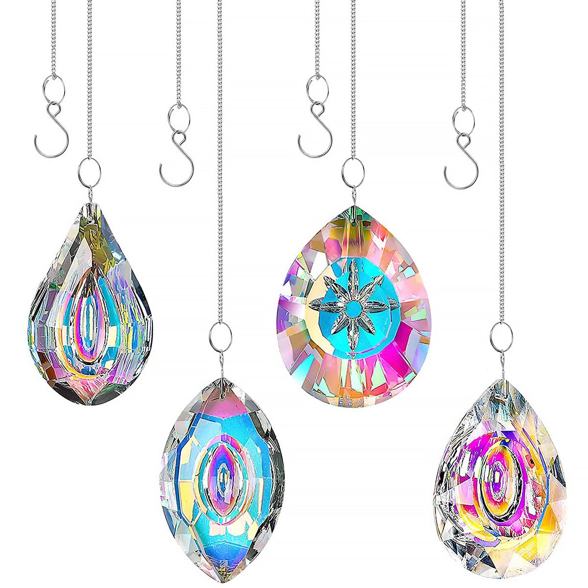 4pcs Hanging Crystals Suncatcher Prism 80mm Window Hanging Sun Catchers AB Colored Coating Rainbow Maker Glass Prisms Pendant with Chain (Rainbow)